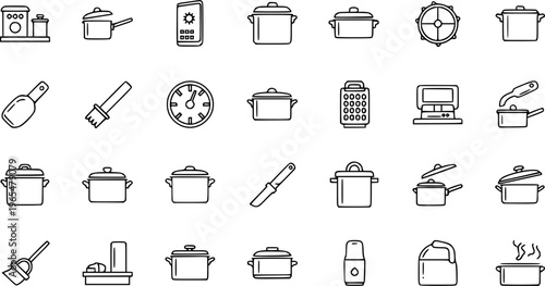 Kitchen Utensils and Cooking Appliances Line Art Icons Set. Collection of Pots, Pans, Scales, Timers, and Various Tools for Food Preparation.