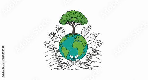 Hands cradle Earth, supporting a tree, symbolizing nurturing our planet's growth