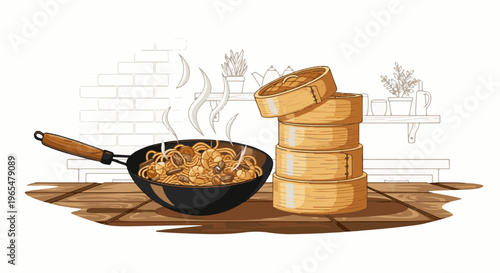 Hot noodles in a wok beside a stack of bamboo steamers