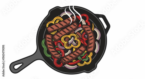 Hot sausages and colorful vegetables sizzling in a cast iron pan