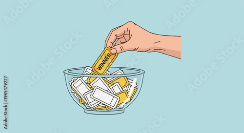 Hand drawing a golden ticket labeled "WINNER" from a glass bowl full of tickets