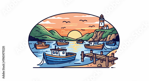 Fishing boats bob on calm blue water near a rustic wooden dock