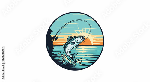 Fisherman reels in leaping fish at sunset in circular graphic