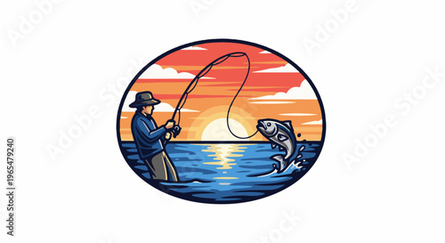 Fisherman reeling in a leaping fish during a vibrant sunset over the ocean