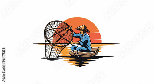 Fisherman in boat with net at sunset