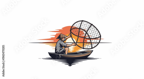 Fisherman in boat casts net during sunset