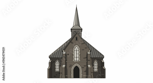 Gray stone chapel with a tall pointed spire, arched windows, and entrance