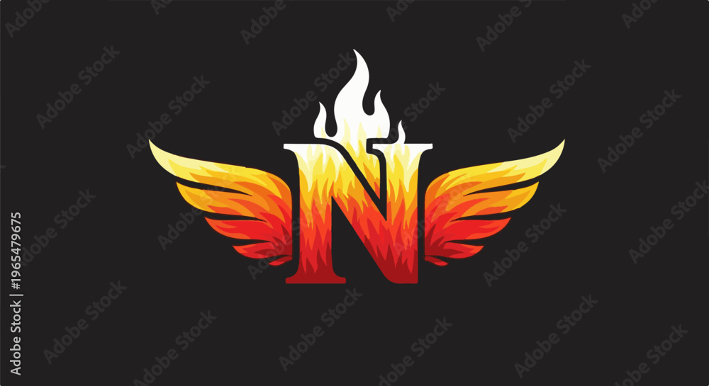 Fototapeta premium Fiery letter N with wings, symbolizing power and speed