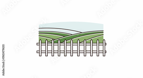 Gentle green rolling hills and a white picket fence under a pale blue sky