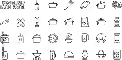 Outline Kitchen Utensils, Cooking Appliances  Food Prep Icons Set - Black  White Stainless Steel Design