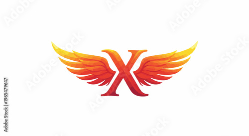 Fiery letter X with outstretched wings in a gradient of orange and yellow
