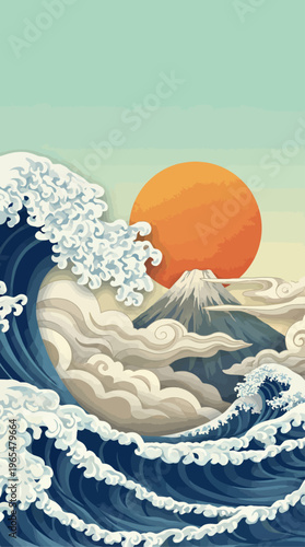 Stylized Japanese landscape art featuring a large ocean wave, Mount Fuji, and a vibrant sun in a clear sky.