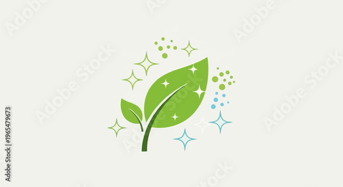 Green leaf sprout with sparkling stars and bubbles