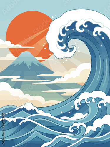 Stylized illustration of a powerful blue ocean wave with Mount Fuji and a red sun in the background, evoking classic Japanese art.