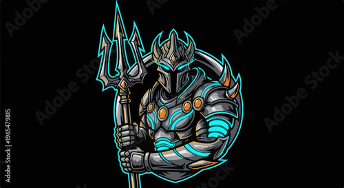 Fierce warrior in ornate armor wielding a trident against dark backdrop