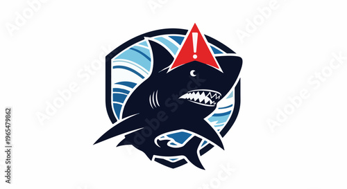 Fierce shark with red alert symbol on its head, against blue shield