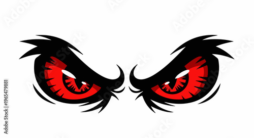 Fierce red eyes with black, spiky brows and outer markings