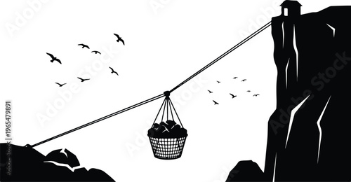 Black and White Silhouette of a Manual Ropeway Cable Car Transporting Goods Across a Mountain Cliff