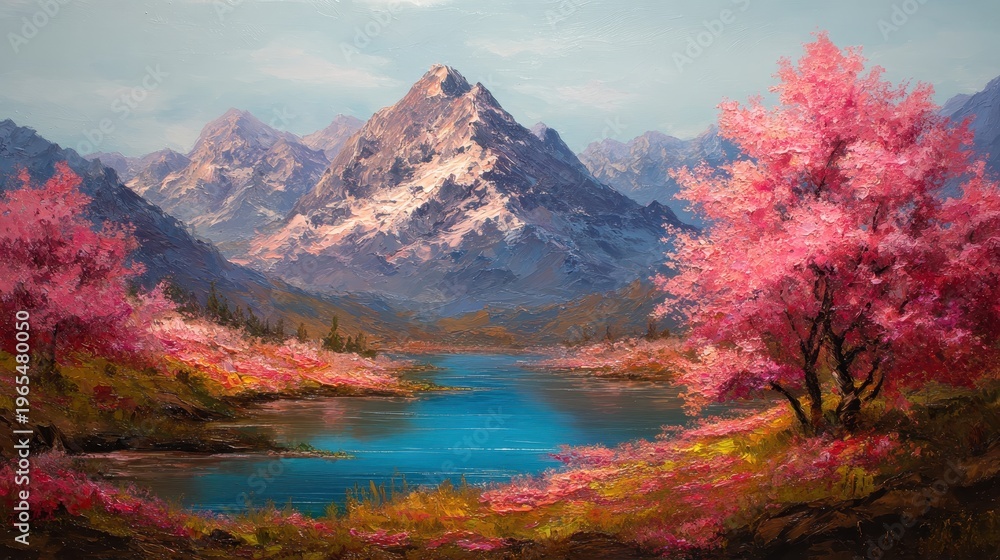 Naklejka premium Stunning photo of oil painting of mountain peaks, river or lake, blooming nature and tree with pink flowers. Natural landscape.