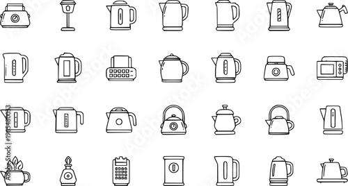 Kitchen Appliance Line Icons Set. Collection of Outline Symbols for Electric Kettles, Teapots, Toaster, Blender, Microwave, and Coffee Makers.