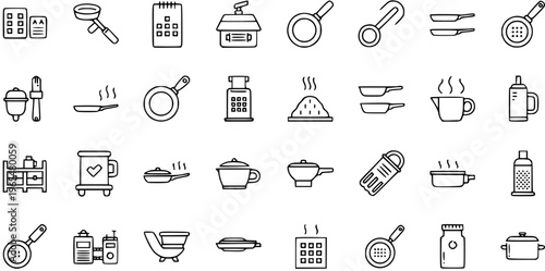 Cooking and Kitchen Utensils Line Art Icons Set - Food Preparation Tools and Equipment Vector Outline Collection