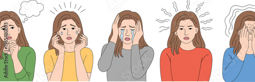 Anxious woman emotional stress illustration set, crying depression isolated on white background mental health concept