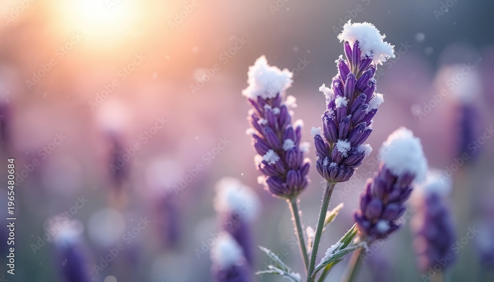 Fototapeta premium Purple lavender flowers dusted with soft snow and frost. Soft morning sunlight illuminates the delicate blossoms. A gentle winter scene with delicate details and pastel colors.