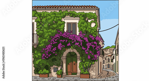 A charming old building facade adorned with abundant green vines and vibrant purple flowers