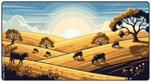 Gentle sun illuminates a golden landscape with grazing cows and scattered trees