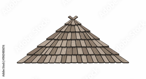 A conical roof made of overlapping wooden shingles against a white background
