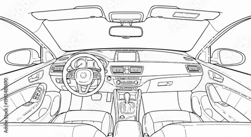 A detailed line drawing of a car's interior, focusing on the dashboard and front seats
