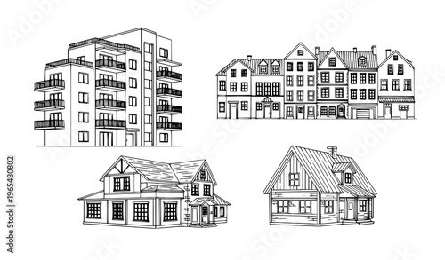 City and country houses line art vector illustration