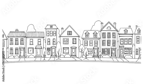 Residential street and house facades line art vector illustration
