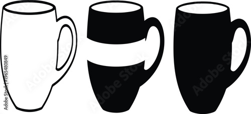 Three black and white illustrations of ceramic mugs