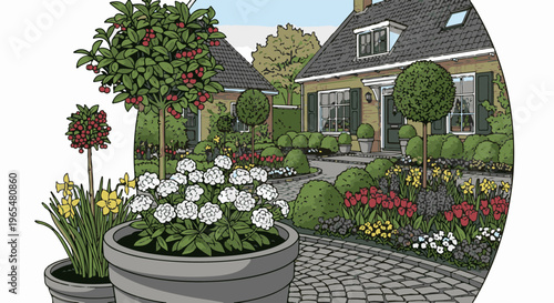 A beautifully manicured garden with blooming flowers and trees next to houses