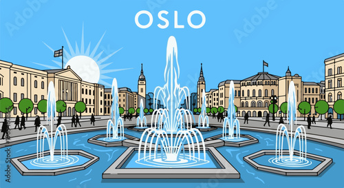 A sunny city scene with fountains and people walking by grand buildings