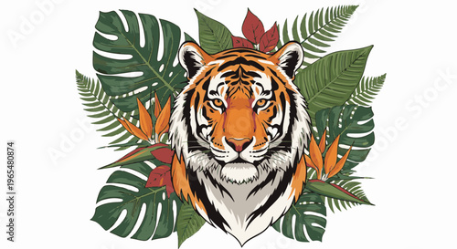 Vibrant tiger face portrait surrounded by lush tropical foliage and striking orange flowers