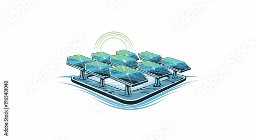 Array of solar panels reflecting ocean water under a green arc