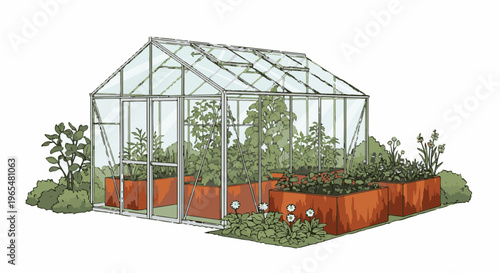 A drawing of a greenhouse with plants growing in raised beds and surrounding bushes