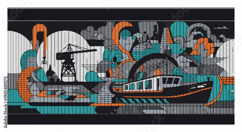 Stylized industrial waterfront scene with a boat, crane, and abstract structures