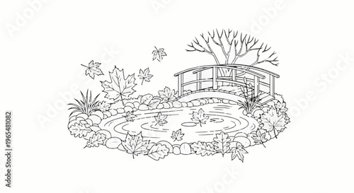 Autumn leaves fall on a pond with a small bridge and bare tree