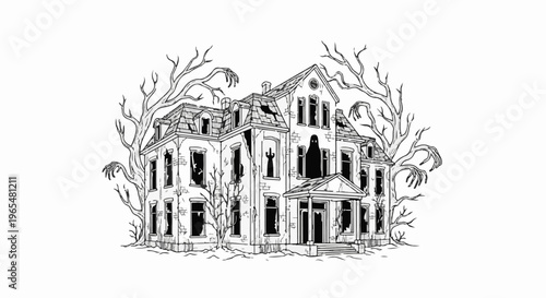 Spooky, dilapidated mansion with eerie, gnarled trees and ghost figures