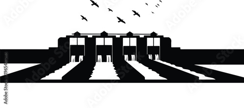Black and White Silhouette of a Hydroelectric Dam Spillway with Rushing Water and Birds