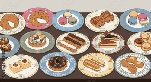 A pixelated assortment of sweet pastries and cakes arranged on decorative plates
