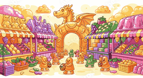 A whimsical pixel art scene of a bustling candy market with jelly characters