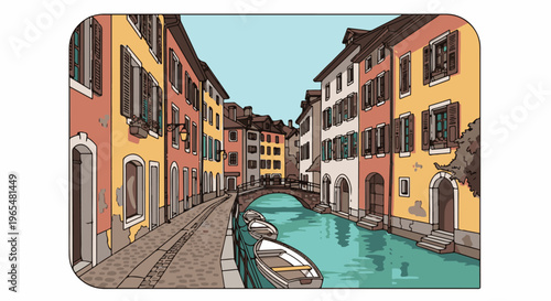 Colorful buildings line a canal with boats and a bridge