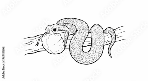 Detailed line drawing of a snake swallowing a large egg on a branch