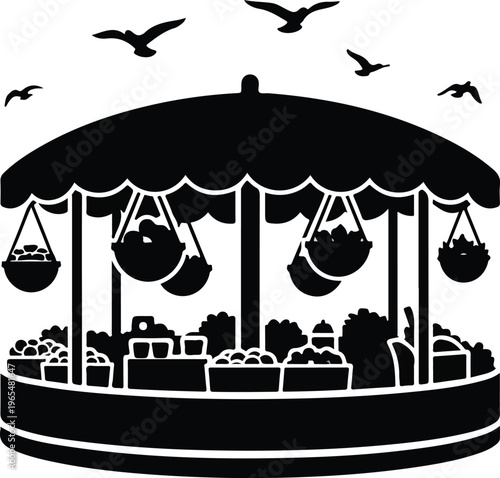 Black and White Silhouette of a Round Farmers Market Stall with Hanging Baskets and Fresh Produce