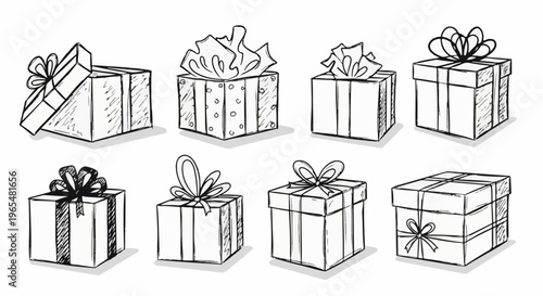 Diverse hand-drawn gift boxes with ribbons and bows, various styles