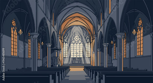 Pixel art interior of a grand church with sunlight streaming through large stained glass windows
